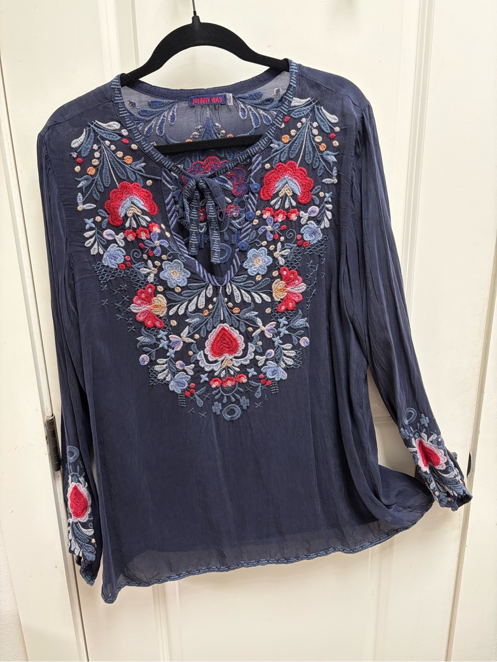 Johnny Was Navy Floral Embroidered Tie-Neck Tunic